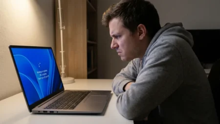How to Update Windows Safely Windows 11 update screen with loading spinner and user waiting anxiously.