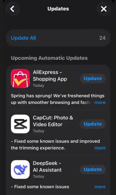 Apps updates screen with new updates available on iPhone.