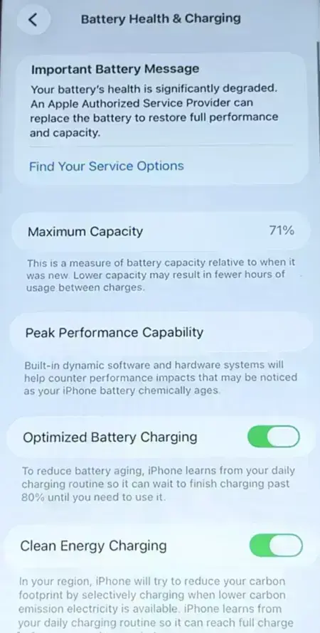 iPhone battery health screen.