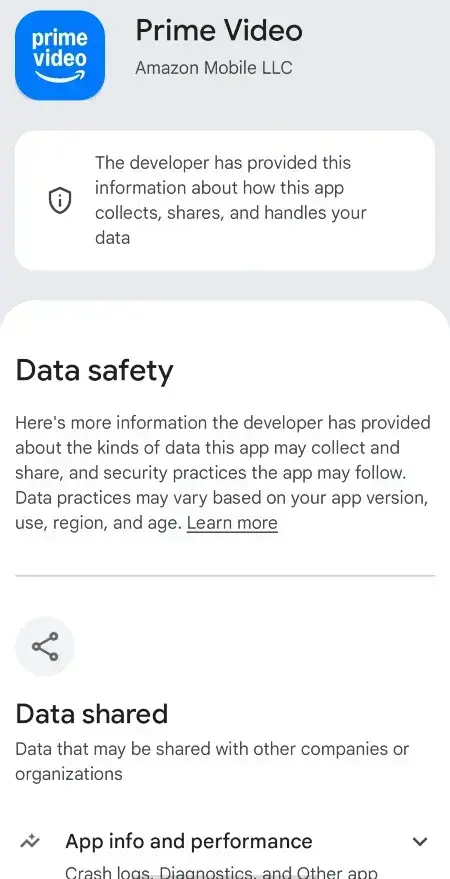 Google play store app data safety screen.