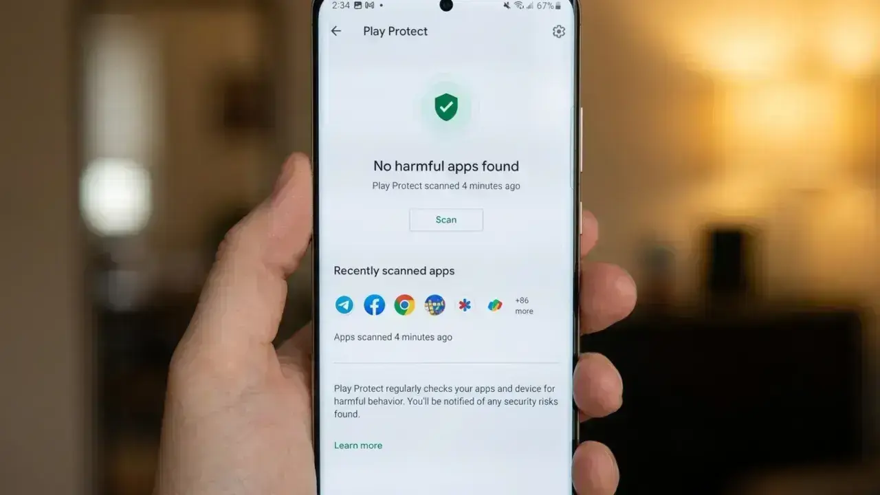 Google Play Protect scan screen showing no harmful apps found on Android device.