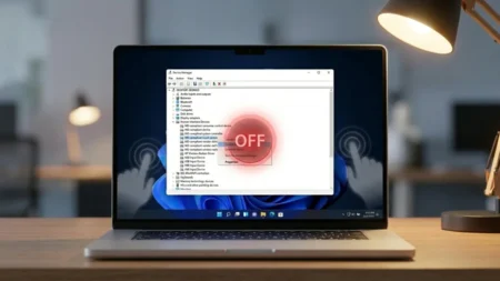 How to Turn Off Touchscreen on Windows 10 & 11 A laptop sitting on a wooden desk showing the Windows Device Manager on screen, featuring a prominent red circle with the word OFF over the touchscreen driver settings.