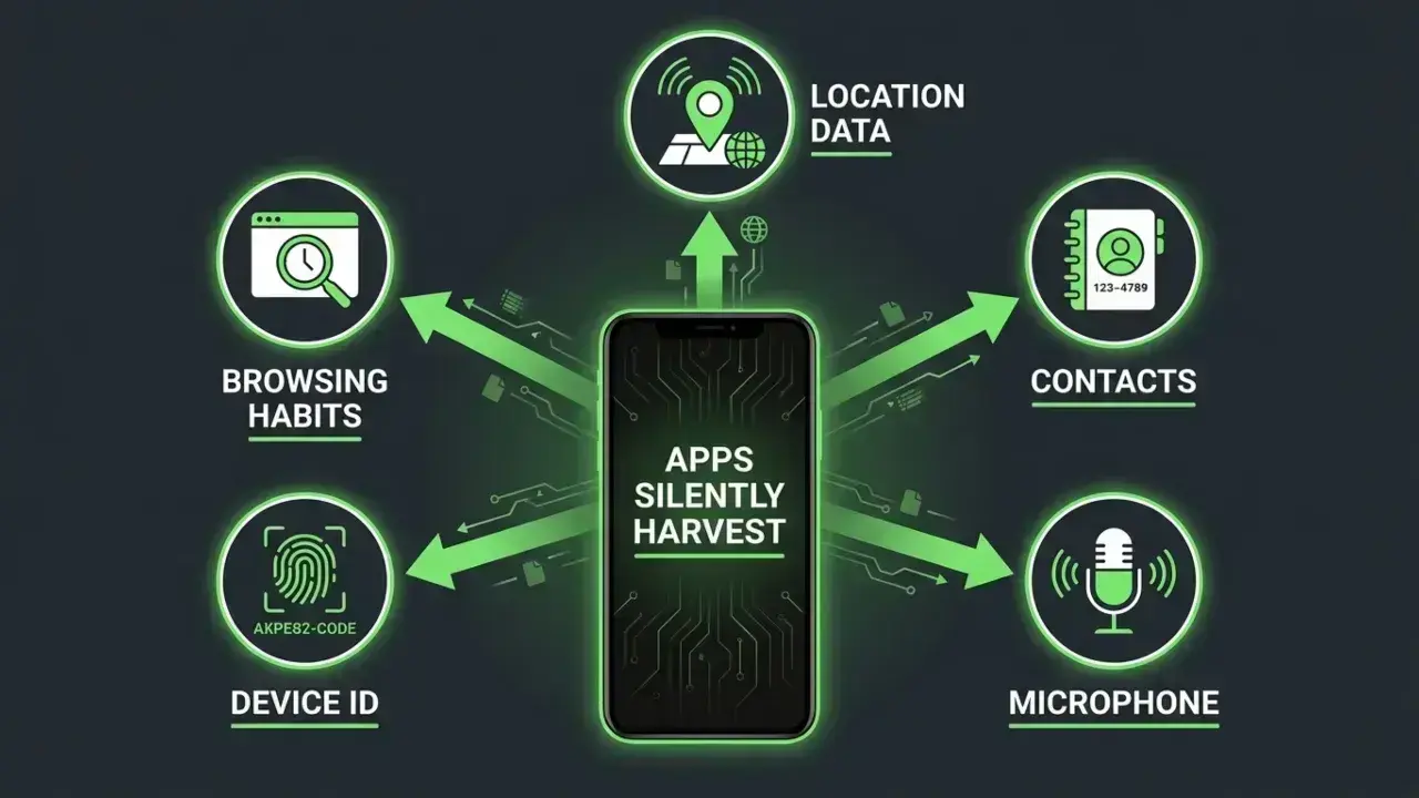 Image showing Android apps collecting user data including location, contacts, and device identifiers.