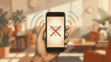 iPhone Not Connecting to Wi-Fi: 10 Ways to Fix Internet Issues Illustration of hand holding iPhone with lost connection icon.