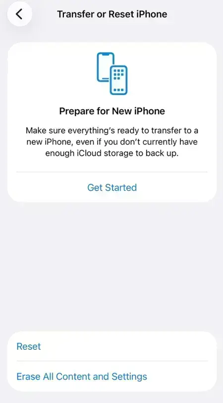 Transfer or Reset iPhone menu with the Erase All Content and Settings button at bottom.