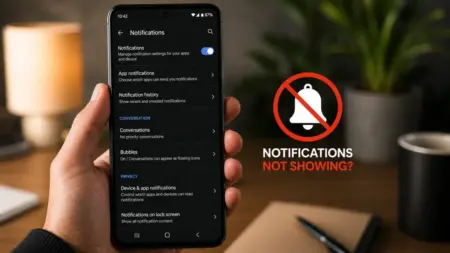 Android Phone Notifications Not Showing? Try These Quick Fixes Android Phone Notifications Not Showing Fix - Android notifications not showing with notification settings open on the screen.