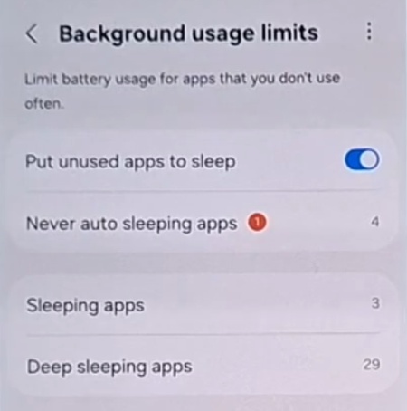 Background usage limits menu to manage sleeping apps on Samsung Galaxy.