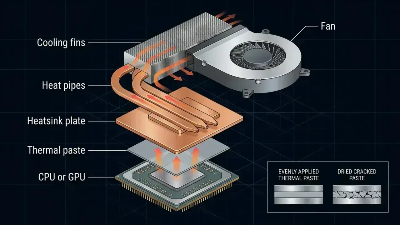 Diagram showing thermal paste transferring heat from a laptop processor to the heatsink and fan assembly.