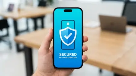Can iPhones Get Viruses? The Truth Can iPhones get viruses illustration showing iPhone with security shield icon.