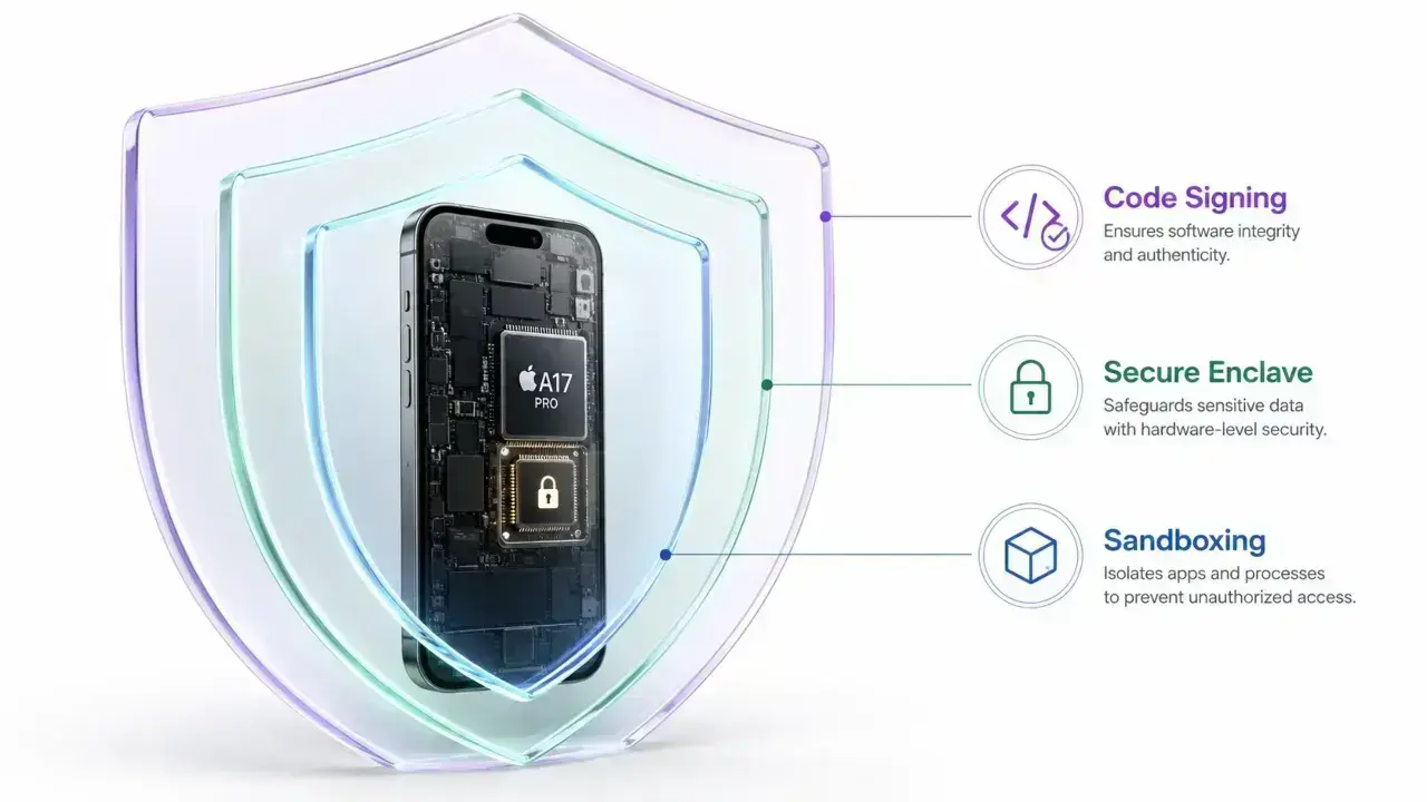 Illustration of the layered defenses of iOS app sandboxing, secure enclave, and code signing.
