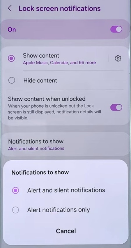 Android menu to manage lock screen notifications on Samsung Galaxy.