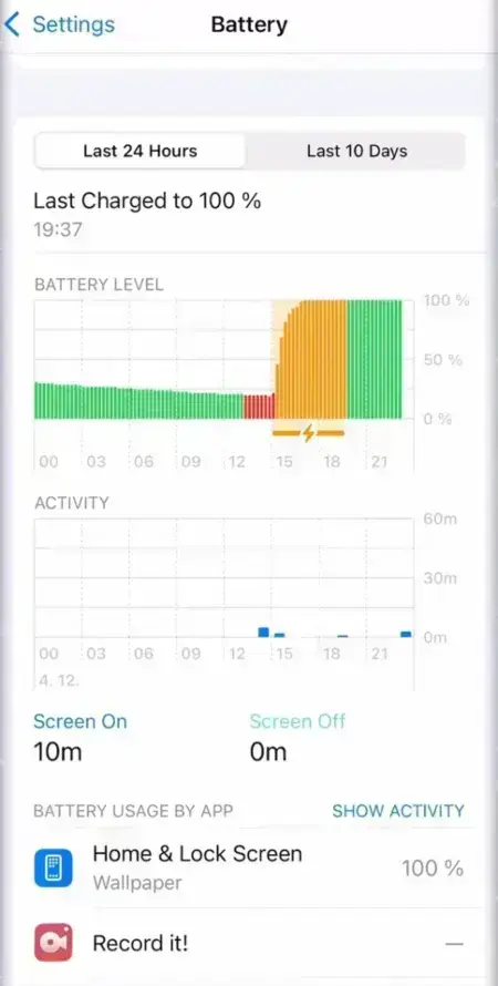 Apps battery activity screen on iPhone