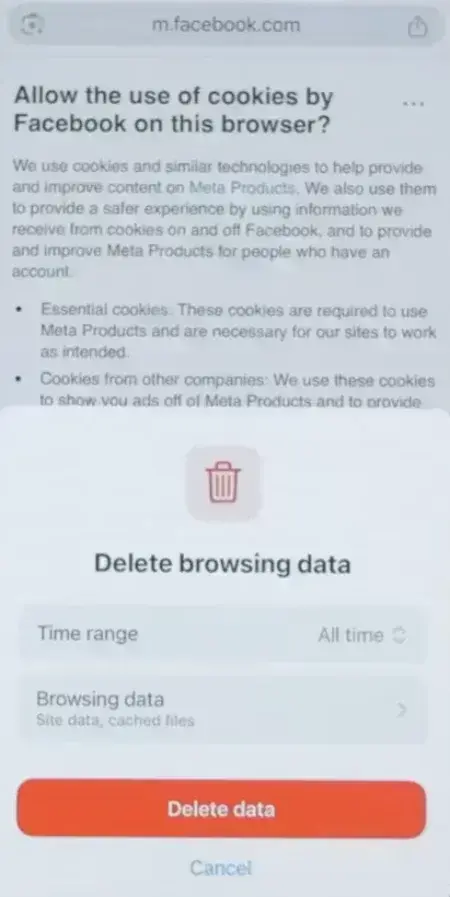 Tap this Delete Data button to remove Chrome cache on iPhone.