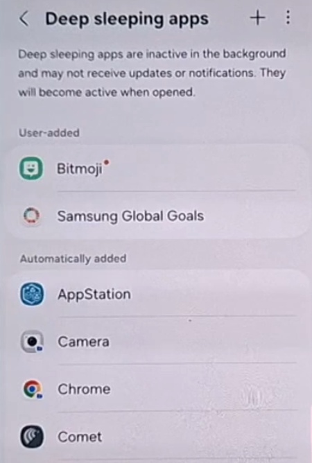 Deep sleeping apps menu screen on Samsung Galaxy.