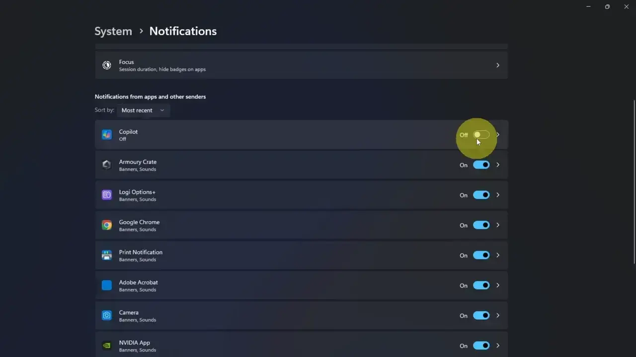 Windows 11 notifications settings page showing a list of individual apps with a toggle being used to turn off notifications for the Copilot app.