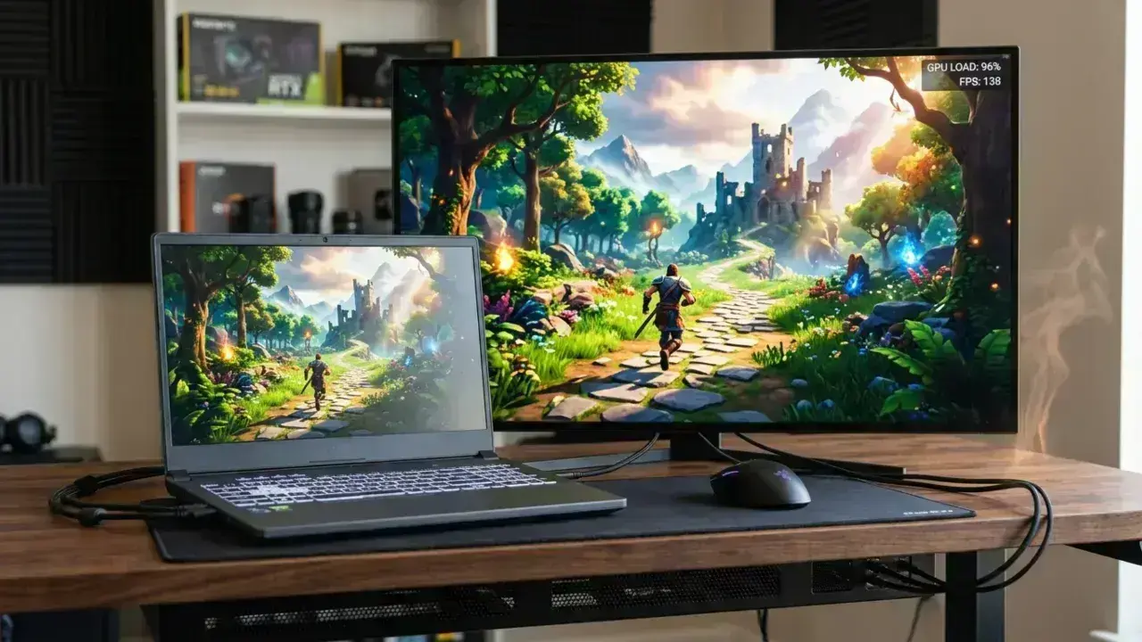 Gaming laptop connected to an external monitor while high GPU load makes the cooling fan run fast.