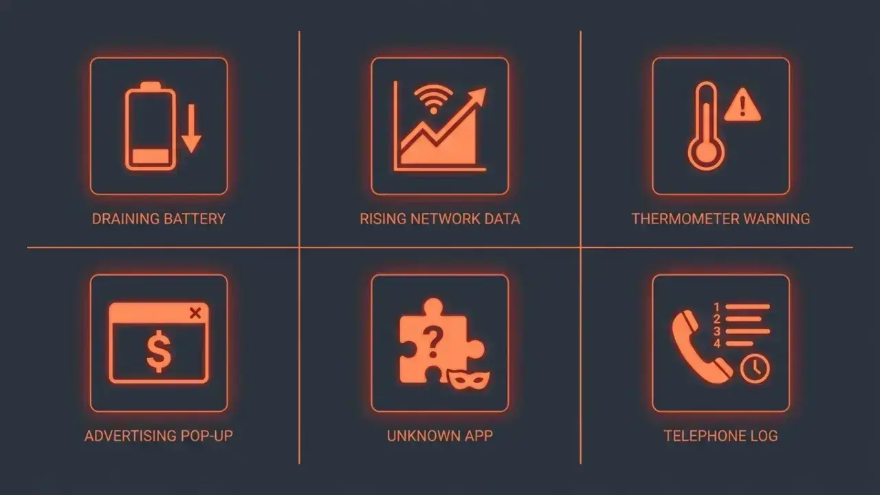 Minimalist icon grid illustrating the six main signs of an iPhone malware infection.
