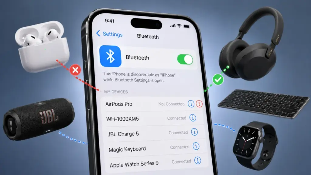 How to Fix Bluetooth Not Working on iPhone A close-up of an iPhone with the Bluetooth icon highlighted while multiple Bluetooth devices float around it with broken and one successful connection lines.