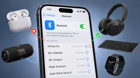 How to Fix Bluetooth Not Working on iPhone A close-up of an iPhone with the Bluetooth icon highlighted while multiple Bluetooth devices float around it with broken and one successful connection lines.