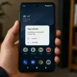 Hand holding an Android phone displaying a crashed app error popup for Example app on the home screen.