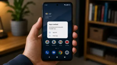 How to Stop Apps from Crashing on Android: 16 Quick Fixes Hand holding an Android phone displaying a crashed app error popup for Example app on the home screen.
