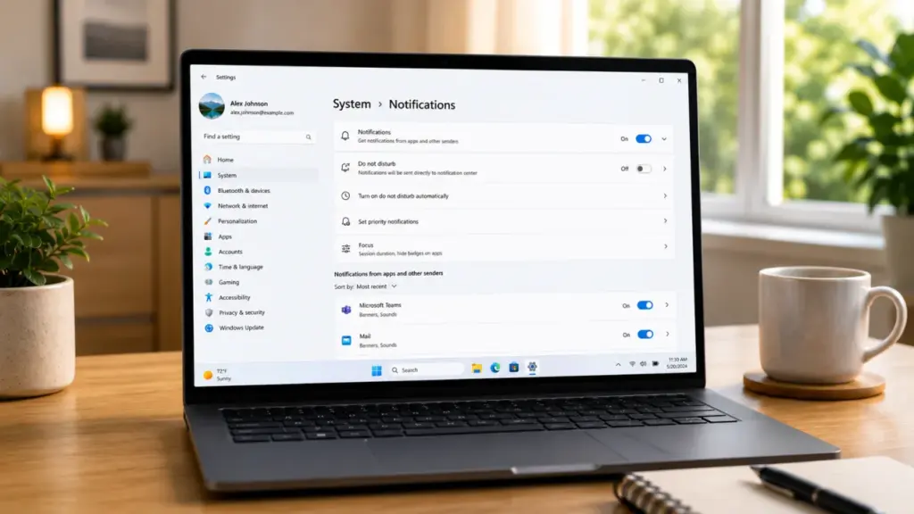 Windows 11 Settings screen showing the Notifications toggle switch on laptop.