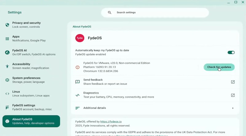 Click Check for Updates to install new updates on Chromebook