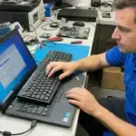 Technician diagnosing an unresponsive laptop keyboard with an external USB keyboard connected.