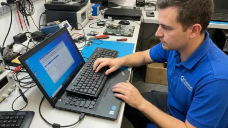 Technician diagnosing an unresponsive laptop keyboard with an external USB keyboard connected.
