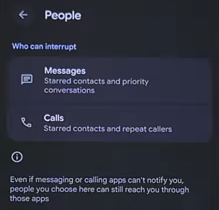 Screen to manage Do Not Disturb for people on Android.