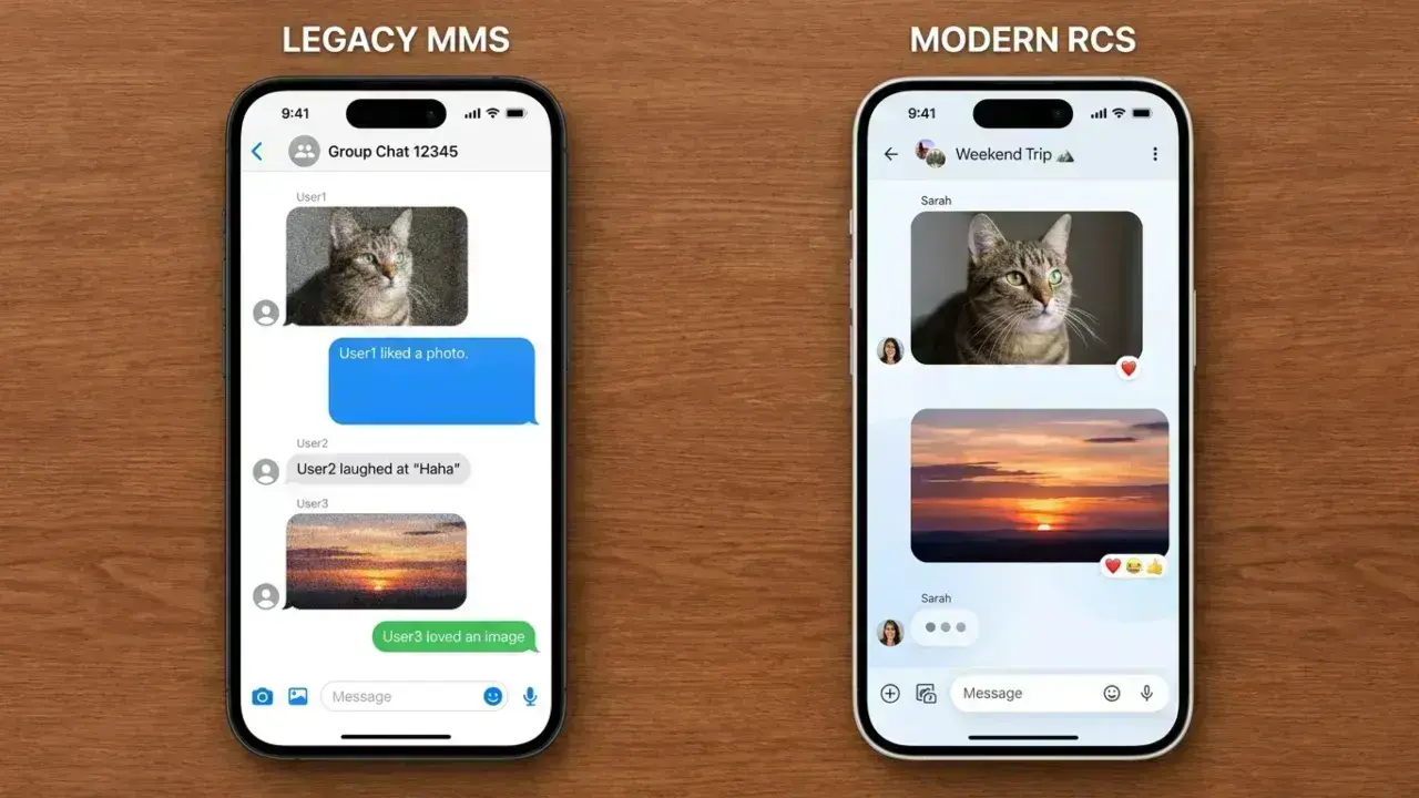 A direct comparison layout between the broken, low-quality media of an old MMS group chat vs. the clean, full-quality, reaction enabled experience of a modern RCS thread.