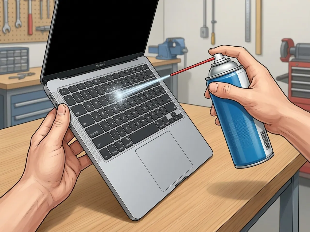 Person cleaning laptop keyboard with compressed air.