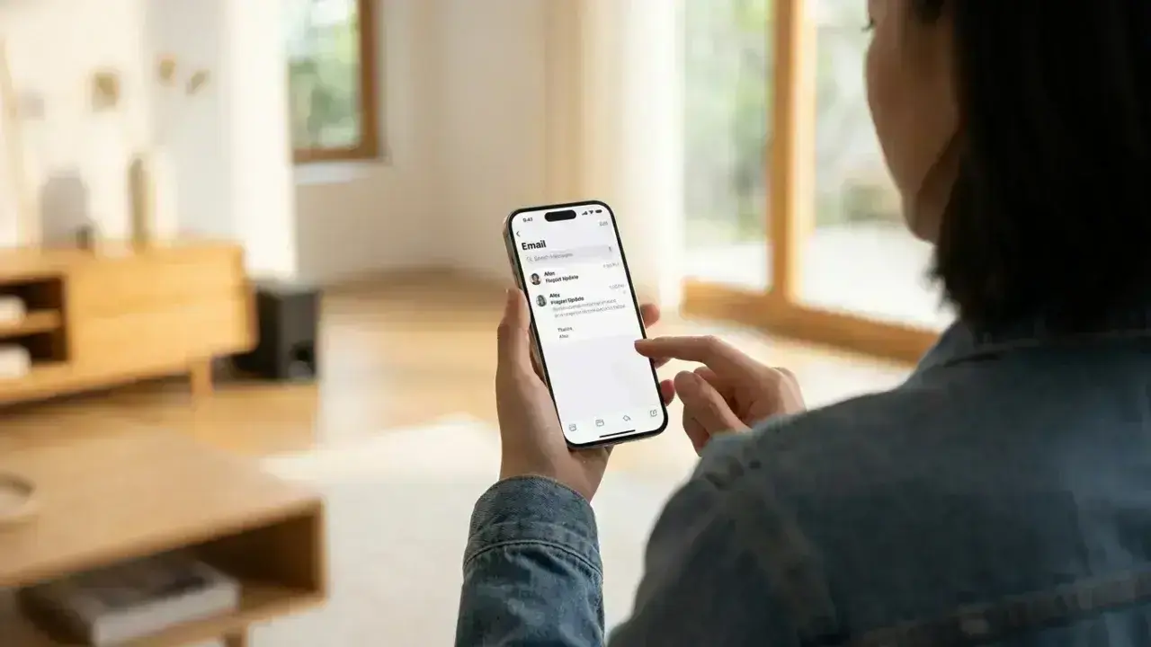 Close-up of a person safely previewing a website link in email on an iPhone screen.