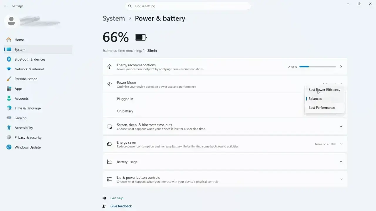 Windows 11 Power mode setting used to reduce heat and laptop fan noise.