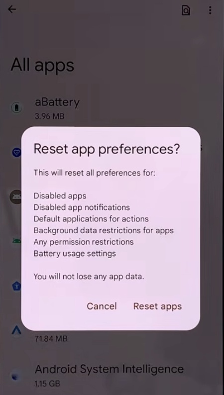Reset App Preferences pop up on Android phone.