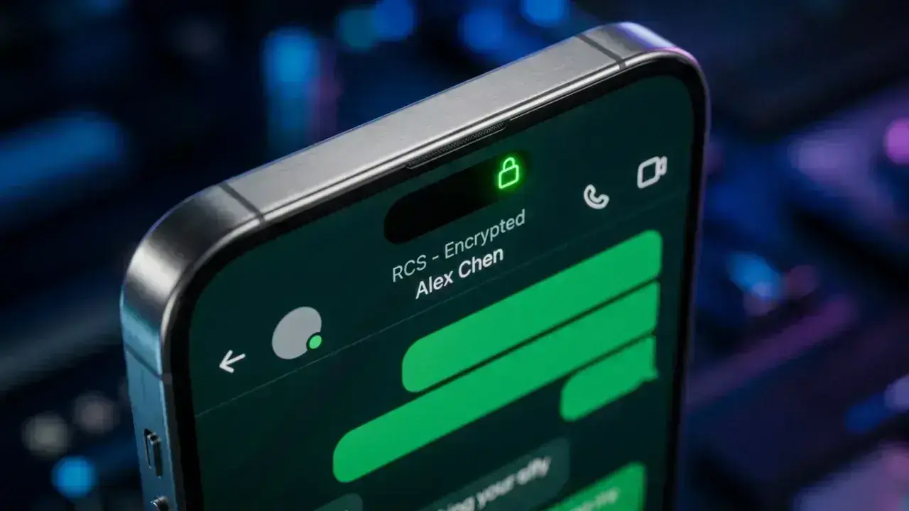 Close-up view of a smartphone conversation header displaying the secure lock icon next to the RCS label, indicating active end-to-end encryption.