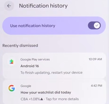 Notification History screen with alerts record on Android.