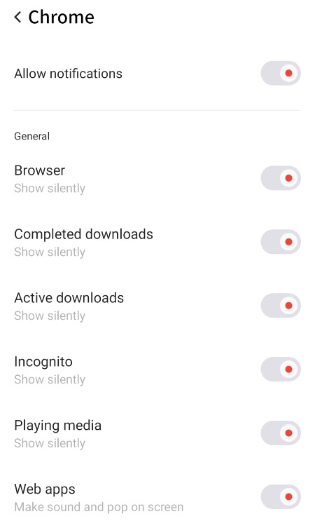 Menu to turn on & off notifications on Android phone.