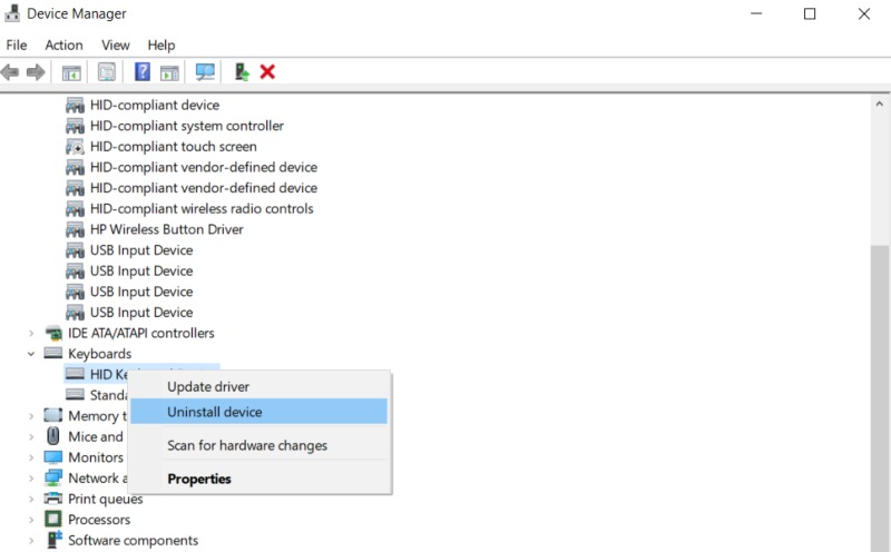 Uninstall keyboard driver on Windows