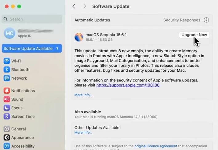 Click this Upgrade Now button to update MacOS.