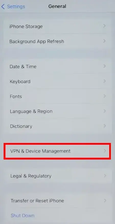 VPN & Device Management option marked in iPhone Settings menu.
