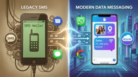What is RCS Messaging & Chat? Android and iPhone Text Message Explained A split visual of an old, text-only SMS bubble layout transforming into a rich, dynamic chat interface with high-res photos and typing indicators.