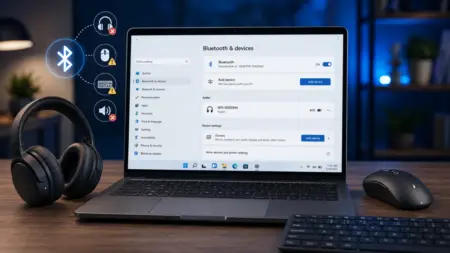 Why is My Bluetooth Not Working on Windows? 10 Reasons and Fixes Windows 11 laptop Bluetooth settings screen with wireless headphones shown as disconnected.