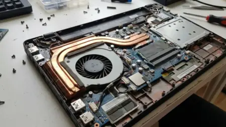 Why is My Laptop Fan So Loud? 10 Reasons and Fixes Why is My Laptop Fan So Loud image - a disassembled laptop chassis showing thick dust accumulation blocking the copper heatsink fins and cooling fan blades.