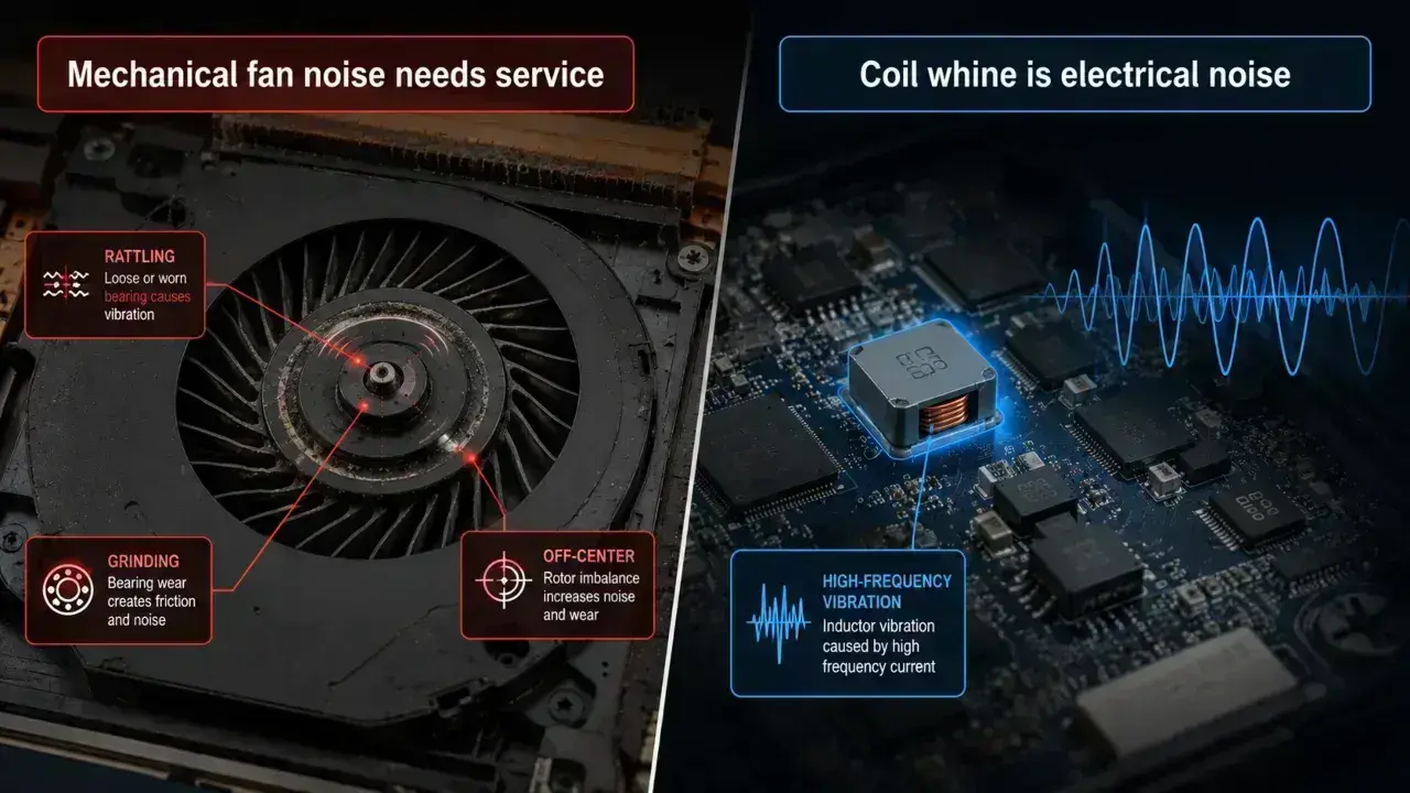 Comparison of a worn laptop fan bearing responsible for grinding noise and coil whine from electrical components.