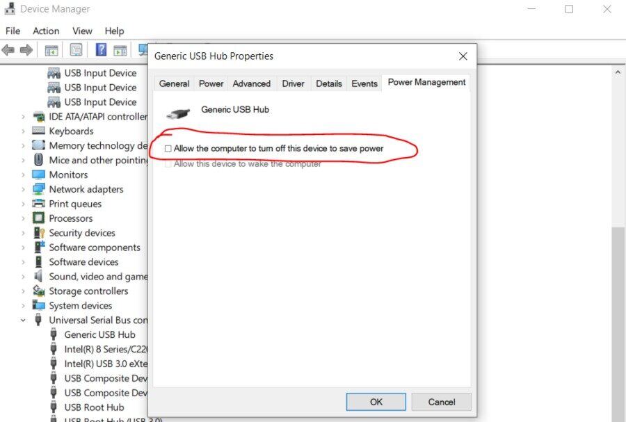 Windows screen to adjust bluetooth power management settings.