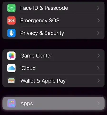 Tap Apps in iPhone Settings menu.