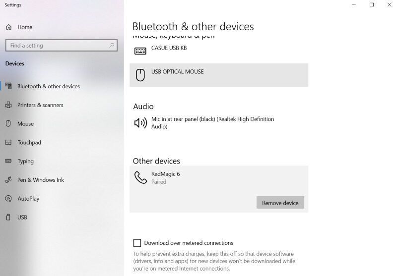screenshot to remove bluetooth device in windows 10