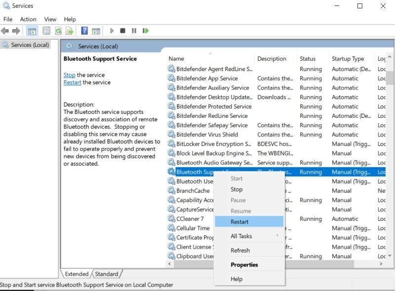 Windows services menu to restart bluetooth support service.