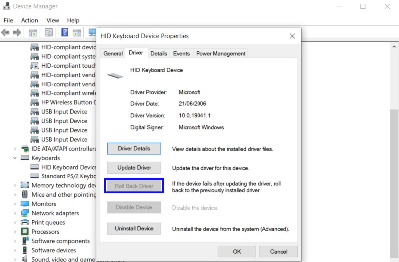 Roll back keyboard driver on Windows